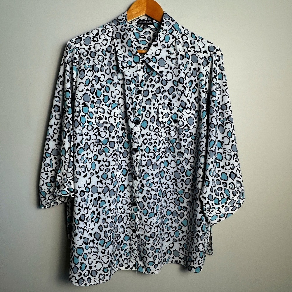 Notations Women's Multicolor Leopard Print 1/2 Sleeve Button Up Satin Blouse 2X